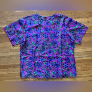 Boxy silk blouse top fuchsia hot pink purple green floral poppy pattern 14 M L